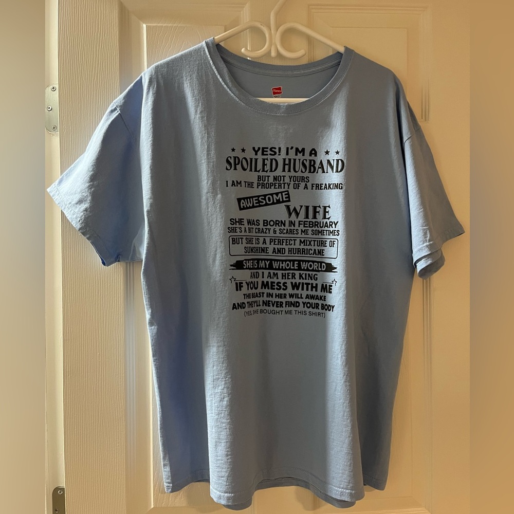 Hanes light blue novelty t-shirt.